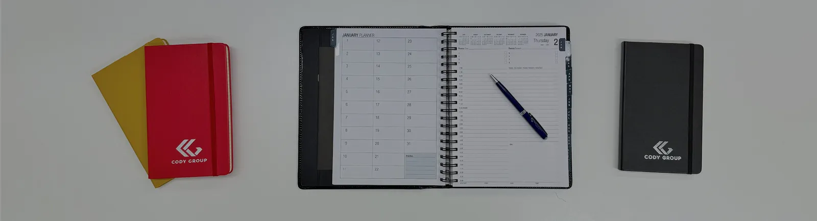 Cody Group branded diaries and notebooks flatlay