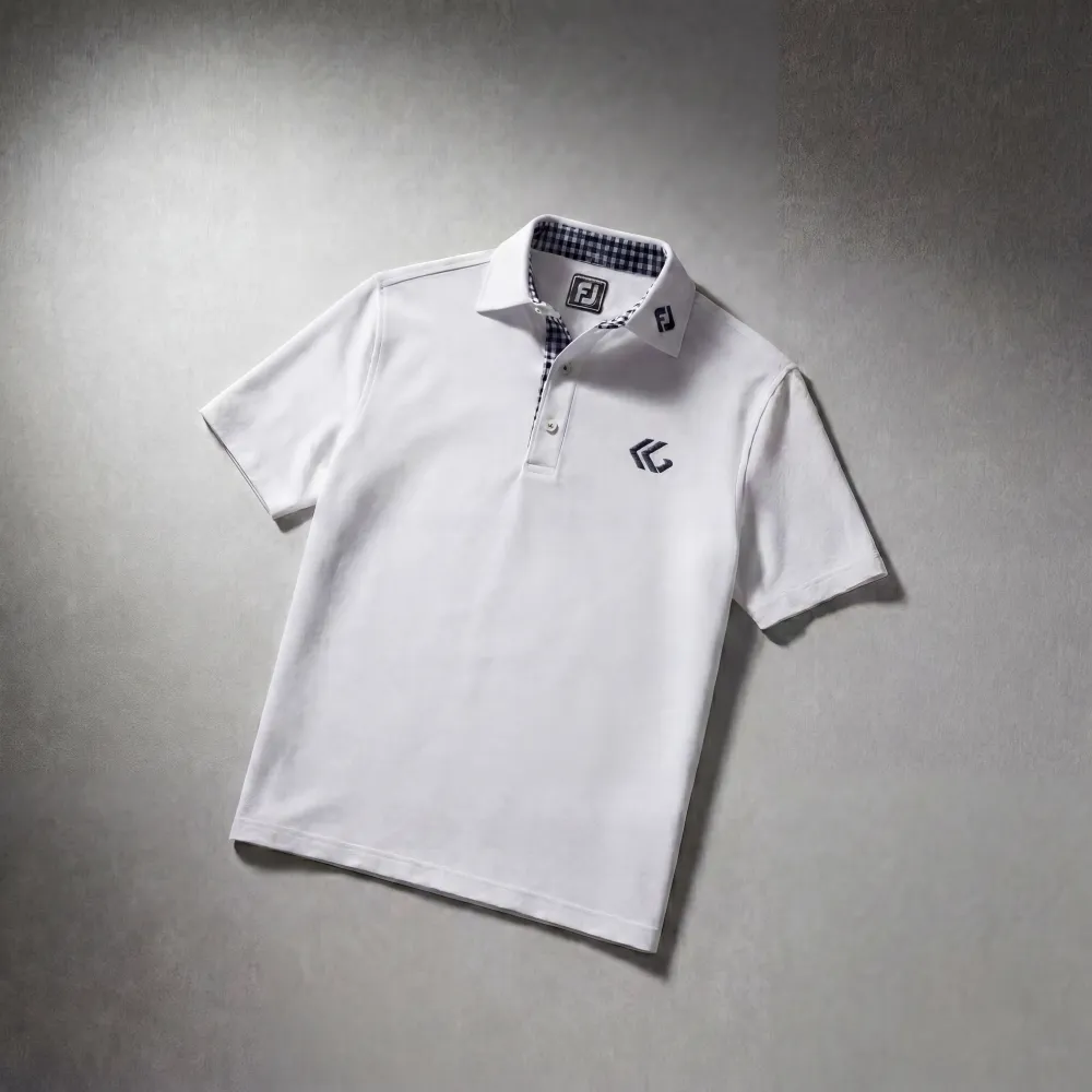 White corporate polo shirt with embroidered logo and check collar detail